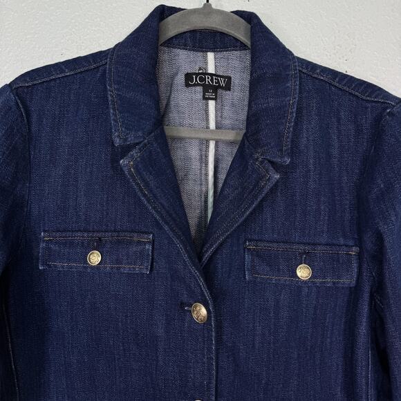 J Crew Denim Blazer Jacket Womens 12 Jean Short Gold Button Utility Preppy Chic - Picture 2 of 10